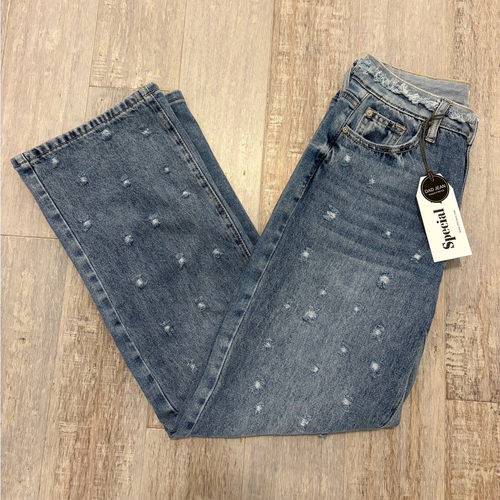 Saige Fringe Detail Dad Denim Medium Wash Mid Rise Jeans Size 5/27
